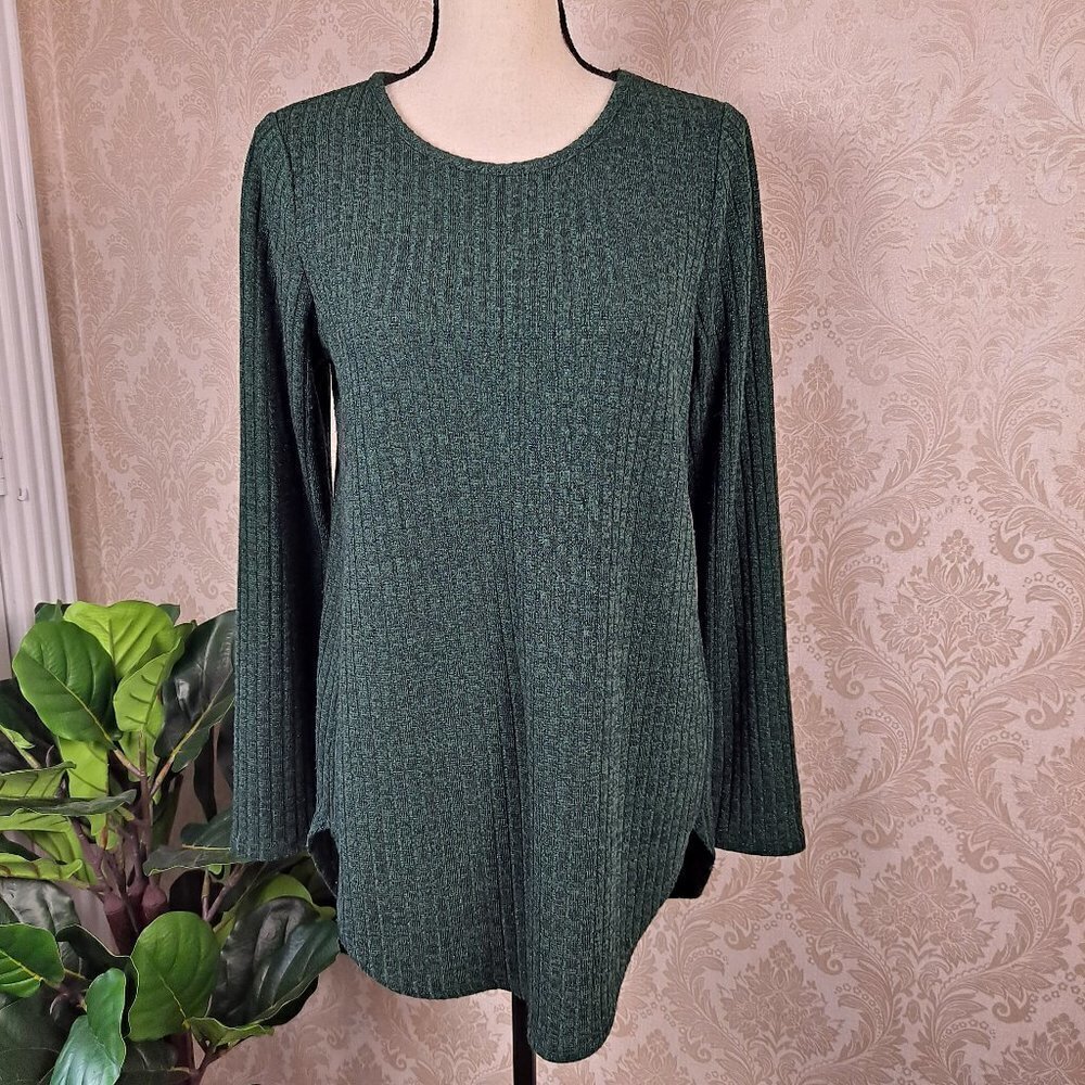 Calvin Klein Size Medium Green Metallic Ribbed Sweater Long Sleeve EUC